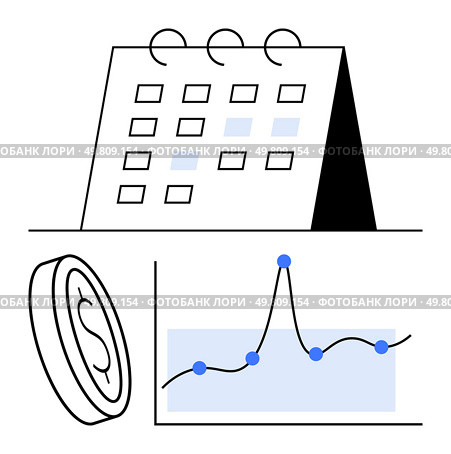 Calendar coin and line graph symbolize time management financial growth and strategic planning. Ideal for finance, business, investment, economics, scheduling, forecasting, and trends. Line. Economic Growth and Financial Planning Calendar, Coin, and Graph for Forecast and Strategy. Стоковая иллюстрация, агентство Ingram Publishing / Фотобанк Лори