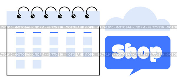 Calendar with a weekly layout featuring a speech bubble labeled Shop. Ideal for online shopping. E-commerce. Scheduling. Marketing campaigns. Retail business. The style is minimal flat vector with a. Online Shopping and Scheduling Calendar Icon in Flat Design Style. Стоковая иллюстрация, агентство Ingram Publishing / Фотобанк Лори