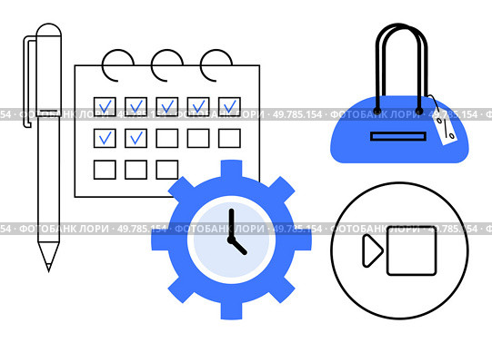 Calendar with checkmarks, pen, blue gear with clock, handbag with tag, and play button icon. Ideal for time management, productivity, organization planning scheduling retail and media. Line. Productivity Icons Including Calendar with Checkmarks, Gear with Clock, Pen, Handbag, and Play Button. Стоковая иллюстрация, агентство Ingram Publishing / Фотобанк Лори