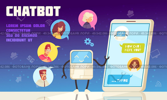 Call center intelligent chatbot improving customer experience flat composition with smartphone screen chatting avatars  advertisement vector illustration. Стоковая иллюстрация, агентство Ingram Publishing / Фотобанк Лори
