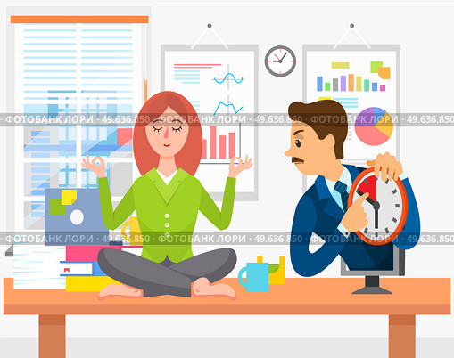 Calm woman meditating at workplace. Boss urges female employee to complete job defore deadline. Girl works quietly in office to do assignments on time. Angry businessman pointing at clock with term. Calm woman meditating at workplace. Boss urges female employee to complete job defore deadline. Стоковая иллюстрация, агентство Ingram Publishing / Фотобанк Лори