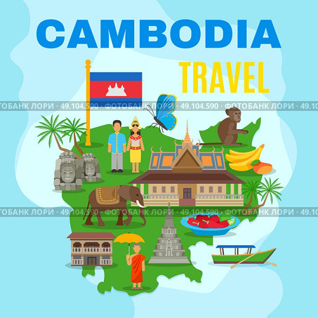 Cambodia Cultural Travel Map Flat Poster. Cambodian culture and national symbols with country map and flag for travelers flat poster abstract vector illustration. Стоковая иллюстрация, агентство Ingram Publishing / Фотобанк Лори