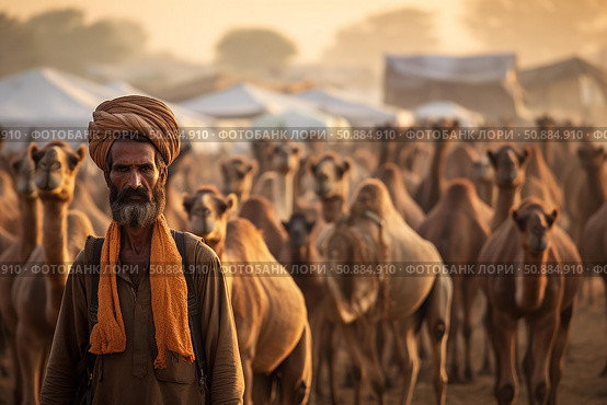 Camel herder standing in front of his herd at pushkar fair during sunset. Стоковое AI-изображение, AI-художник Иван Рябоконь / Фотобанк Лори