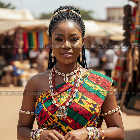 Cameroonian beauty - portrait of a young beautiful woman in national costume. Generated by AI. Стоковое AI-изображение, AI-художник Андрей Аркуша / Фотобанк Лори