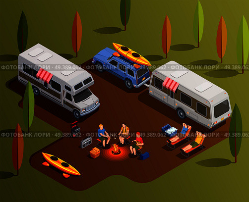 Camping hiking isometric icons composition with motor home trailers paddle boats and human characters with campfire vector illustration. Friendly Camping Isometric Composition. Стоковая иллюстрация, агентство Ingram Publishing / Фотобанк Лори