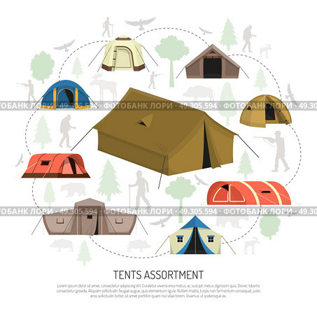Camping Tents Selection Composition  Advertisement Poster . Camping tents for every purpose and capacity including tunnel dome pyramid models circle composition advertisement poster vector illustration . Стоковая иллюстрация, агентство Ingram Publishing / Фотобанк Лори