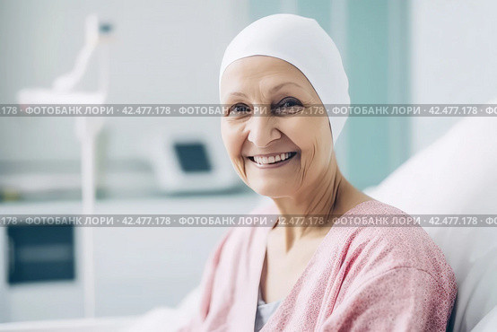 Cancer ill elderly woman smiling. Generate Ai. Стоковое AI-изображение, AI-художник Иван Рябоконь / Фотобанк Лори