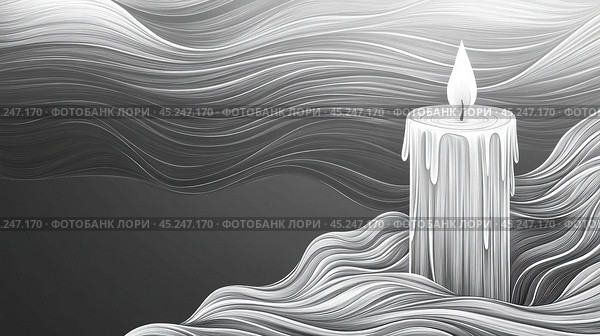 Candle with flowing wax amidst swirling abstract waves in grayscale, AI. Стоковое AI-изображение, AI-художник Сергей Старуш / Фотобанк Лори