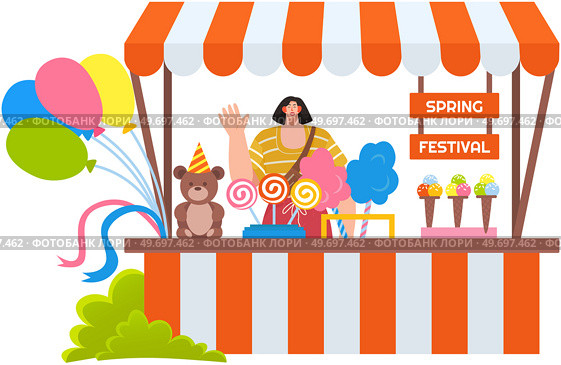 Candy city street market stall. Sale of sweet food on spring festival. Girl seller holding lollipops, cotton candy, icecream cone and stands behind counter. Selling sweet dessert in market, food court. Cotton candy city street market stall. Sale of sweet food on festival. Girl seller holding lollipops. Стоковая иллюстрация, агентство Ingram Publishing / Фотобанк Лори