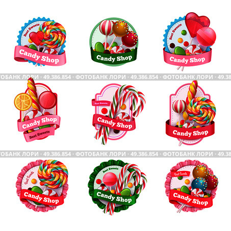 Candy shop set of emblems with colorful fruit lollipops of various shape, spiral sweets isolated vector illustration . Candy Shop Emblems Set. Стоковая иллюстрация, агентство Ingram Publishing / Фотобанк Лори