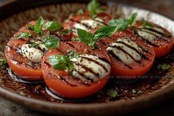 Caprese salad with ripe tomatoes, fresh mozzarella, and basil leaves drizzled with balsamic glaze on a rustic plate. Italian cuisine and gastronomic tour concept. Culinary video blog. Стоковое AI-изображение, AI-художник Ирина Михайличенко / Фотобанк Лори