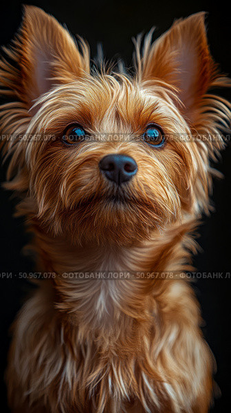 Captivating close-up of a charming little domestic canine with warm golden-brown fur and bright, inquisitive eyes, ideal for pet companionship themes or animal welfare initiatives. Стоковое AI-изображение, AI-художник Данила Большаков / Фотобанк Лори