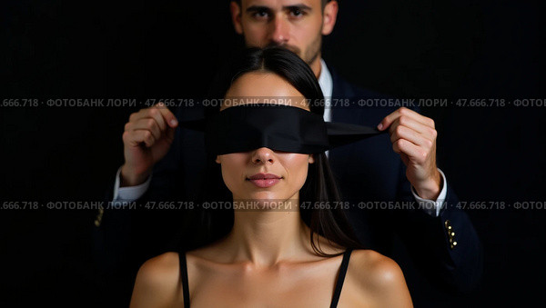 Captive connection blindfolded woman and man in dark portrait. Стоковое AI-изображение, AI-художник Андрей Бакусов / Фотобанк Лори