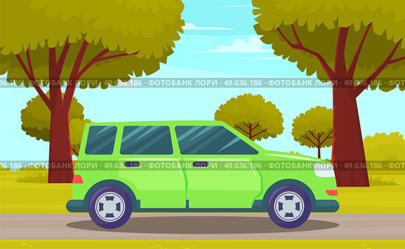 Car drive on an asphalt road in countryside against green forest with large trees. Country road summertime flat vector illustration. Car tourism, family auto trip, journey, automobile transport. Car drive on asphalt road in countryside against green forest with large trees. Car tourism, journey. Стоковая иллюстрация, агентство Ingram Publishing / Фотобанк Лори