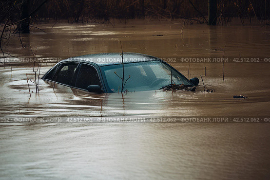 Car drowning in flood disaster. Generate ai. Стоковое AI-изображение, AI-художник Иван Рябоконь / Фотобанк Лори