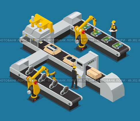 Car Electronics Autoelectronics Isometric Factory Composition. Colored car electronics autoelectronics isometric factory composition with robotized process in the factory vector illustration. Стоковая иллюстрация, агентство Ingram Publishing / Фотобанк Лори