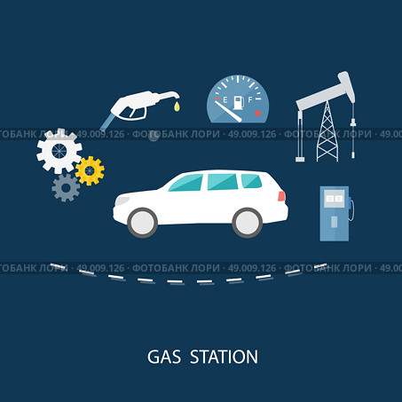 Car in gas station. Fuel petrol dispenser pump handles and pillars. Fueling in flat design style. Стоковая иллюстрация, агентство Ingram Publishing / Фотобанк Лори