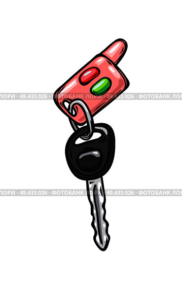 Car keys with red and green buttons from glamorous pink cabriolet isolated on background. Cartoon keys from girlish car just from car showroom vector illustration. Drawn car keys icon.. Glamorous Pink Car Keys Isolated Illustration. Стоковая иллюстрация, агентство Ingram Publishing / Фотобанк Лори