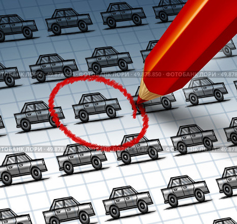 Car shopping concept and auto insurance search symbol with a red pencil crayon highlighting a drawing from a group of cars as an icon of finding the perfect vehicle at a used or new dealership with internet searching. Стоковое фото, агентство Ingram Publishing / Фотобанк Лори