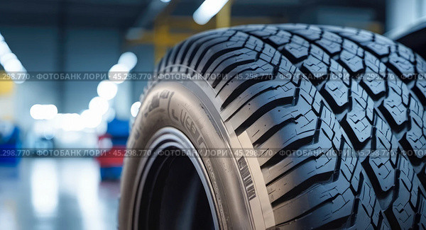 Car tire showcased in auto repair shop. Focus on intricate tread design, indicating strong grip and safety. Workshop tools and machinery present in backdrop. Стоковое AI-изображение, AI-художник Павел Муравьев / Фотобанк Лори