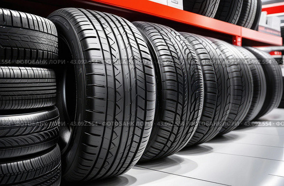 Car tires and rims stand in a row on a display in an auto store. Replacement of wheels and disks. С помощью ИИ. Стоковое AI-изображение, AI-художник Коханова Наталья / Фотобанк Лори