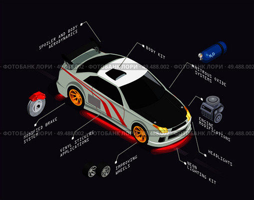 Car tuning isometric poster representing automobile with improving wheels nitrous oxide systems headlights vinyl stickers body kit elements vector illustration. Стоковая иллюстрация, агентство Ingram Publishing / Фотобанк Лори