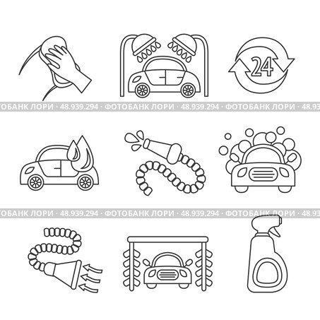 Car wash outline auto cleaner washer shower service isolated icons vector illustration. Стоковая иллюстрация, агентство Ingram Publishing / Фотобанк Лори