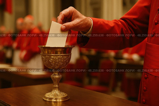 Cardinal hand casting ballot in papal conclave election ceremony. Стоковое AI-изображение, AI-художник Башкирова Анна / Фотобанк Лори