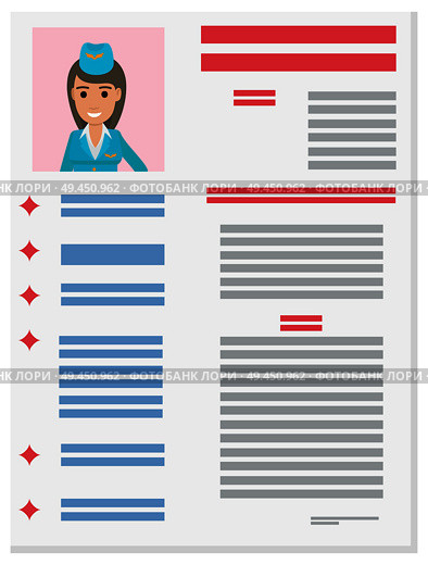 Career information leaflet flat vector. Stewardess resume page with applicant portrait and personal data. Curriculum vitae or dossier. Profession presentation sheet illustration for labor day concept. Stewardess Career Information Leaflet Flat Vector. Стоковая иллюстрация, агентство Ingram Publishing / Фотобанк Лори