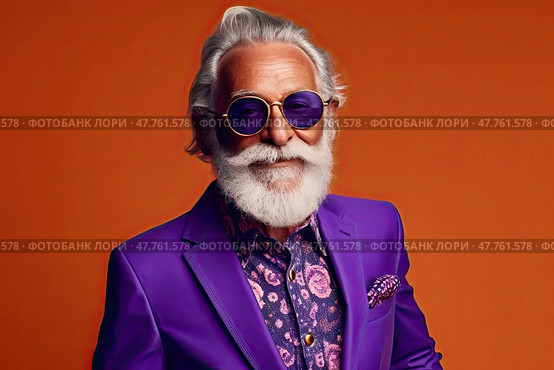 Carefree extravagant elderly man in purple sunglasses and suit on orange background. Стоковое AI-изображение, AI-художник Данила Большаков / Фотобанк Лори