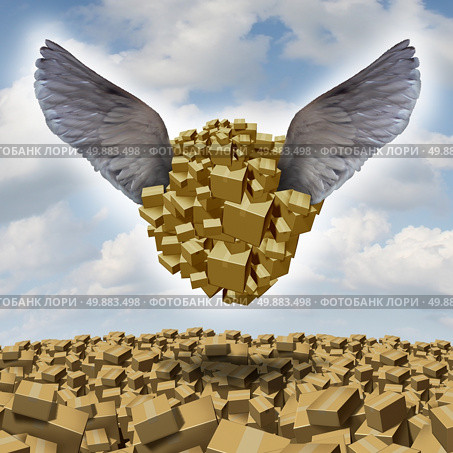 Cargo delivery concept as an air freight symbol with a group of cardboard boxes being airlifted for shipping with bird wings as a metaphor for fast courier services for deliveries of goods. Стоковое фото, агентство Ingram Publishing / Фотобанк Лори