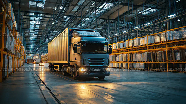 Cargo truck being loaded with freight at a busy distribution center during evening operations. Стоковое AI-изображение, AI-художник Katsiaryna Repich / Фотобанк Лори