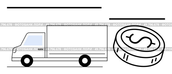 Cargo truck in motion accompanied by a dollar coin illustration. Ideal for logistics, transportation, financial services, ecommerce, delivery, trade, supply chain. Line metaphor. Cargo Truck and Dollar Coin Depicting Delivery Logistics and Financial Transactions. Стоковая иллюстрация, агентство Ingram Publishing / Фотобанк Лори