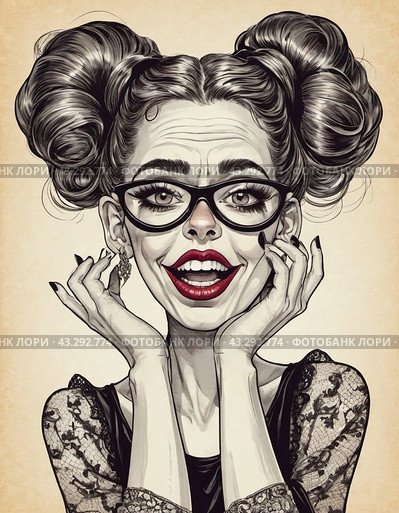 Caricature of woman with mischievous smile. Large eyes and exaggerated features suggest a playful and perhaps slightly sinister character. Amusement, plotting something. Hairstyle two curled ponytails. Стоковое AI-изображение, AI-художник Юлия Петровская / Фотобанк Лори