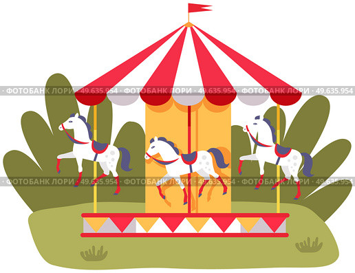 Carousel with three colored horses on playground. Outdoor entertainment for children. Colorful attraction with animals fo kids. Carousel in park vector illustration. Toy horses on ride attraction. Carousel with three colored horses on playground. Outdoor entertainment for children in park. Стоковая иллюстрация, агентство Ingram Publishing / Фотобанк Лори