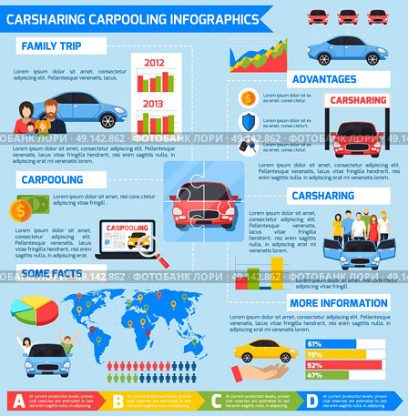 Carsharing Carpooling Infographics. Carsharing carpooling infographics with advantages diagrams vehicles and colorful elements in flat style vector illustration. Стоковая иллюстрация, агентство Ingram Publishing / Фотобанк Лори