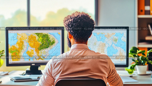 Cartographer analyzing maps on computer screens in a bright office. Стоковое AI-изображение, AI-художник Юрий Поздников / Фотобанк Лори
