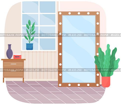 Cartoon background of living room with window, potted plant on windowsill, floor mirror. Indoor furniture design, modern home interior. Arrangement of furniture and layout of premises in apartment. Cartoon background of female living room with window, potted plant on windowsill, floor mirror. Стоковая иллюстрация, агентство Ingram Publishing / Фотобанк Лори
