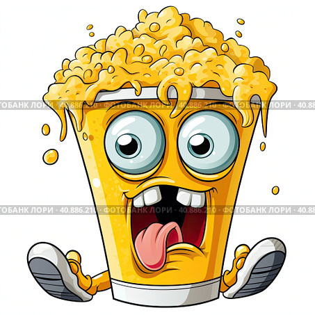 Cartoon character a bag of popcorn with a funny face isolated on a white background. cute vector illustration. Стоковое AI-изображение, AI-художник Ярославский Максим / Фотобанк Лори
