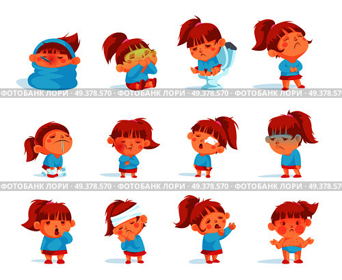 Cartoon collection of sick child figurines  infected virus having high temperature suffering from headache flat isolated vector illustration. Cartoon Collection Of Sick Child Figurines . Стоковая иллюстрация, агентство Ingram Publishing / Фотобанк Лори
