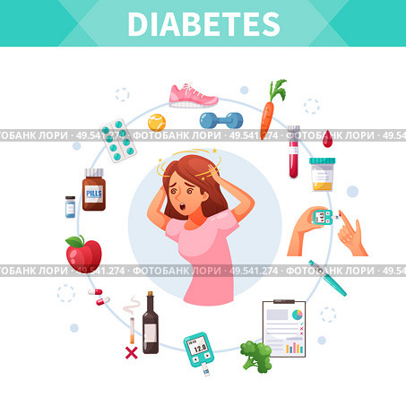 Cartoon concept with diabetes treatment and woman suffering from dizziness vector illustration. Стоковое фото, агентство Ingram Publishing / Фотобанк Лори