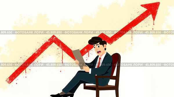 Cartoon man shocked by rising expenses chart showing financial burden due to economic growth. Стоковое AI-изображение, AI-художник Павел Муравьев / Фотобанк Лори