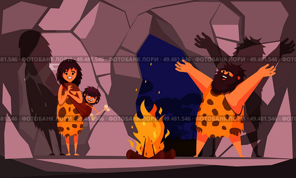 Cartoon poster with caveman family dressed in animal pelt collected around the fire in cave vector illustration . Caveman Family In Cave. Стоковая иллюстрация, агентство Ingram Publishing / Фотобанк Лори