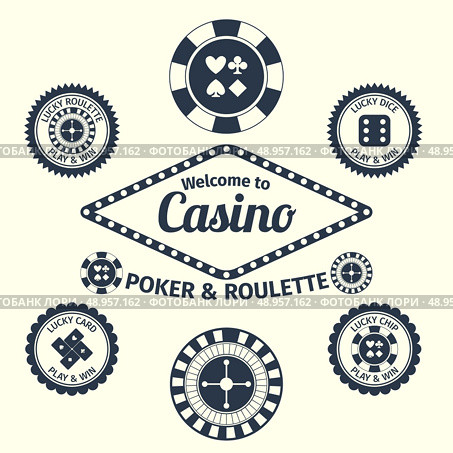Casino lucky roulette play and win emblems set isolated vector illustration. Стоковая иллюстрация, агентство Ingram Publishing / Фотобанк Лори