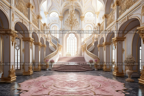 Castle of Luxury: Baroque with sumptuous carpets and exquisite interiors, the epitome of splendor. Стоковое AI-изображение, AI-художник Юрий Поздников / Фотобанк Лори