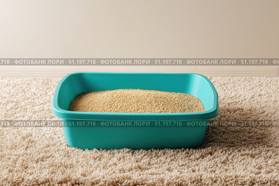 Cat litter box filled with white-gray litter with blue particles. Clumping cat in home background. Clean teal blue pet litter box placed on a rug carpet. Cleanliness concept. Cat toilet. Pets hygiene. Стоковое AI-изображение, AI-художник Марина Демидюк / Фотобанк Лори