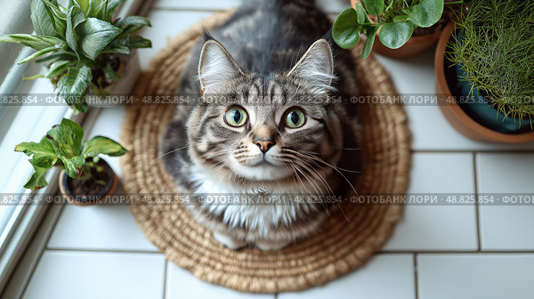 Cat sitting on a natural rug surrounded by potted plants in a cozy indoor space. Кошка сидит на натуральном ковре в окружении горшечных растений в уютном помещении. Стоковое AI-изображение, AI-художник Katsiaryna Repich / Фотобанк Лори