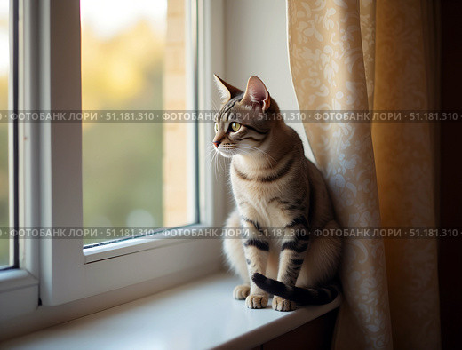 Cat with stripes on sill with white frame and print curtain. Looks out with gold eyes for pet sites. Стоковое AI-изображение, AI-художник Анна Сивакова / Фотобанк Лори