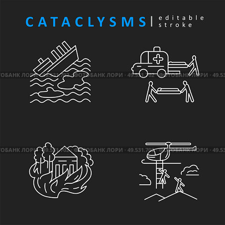Cataclysms and natural disasters. Vector icon and logo. Editable outline stroke size. Line flat contour, thin and linear design. Simple icons. Concept illustration. Sign, symbol, element.. Cataclysms and natural disasters. Vector icon and logo. Editable outline stroke size. Line flat contour. Стоковая иллюстрация, агентство Ingram Publishing / Фотобанк Лори
