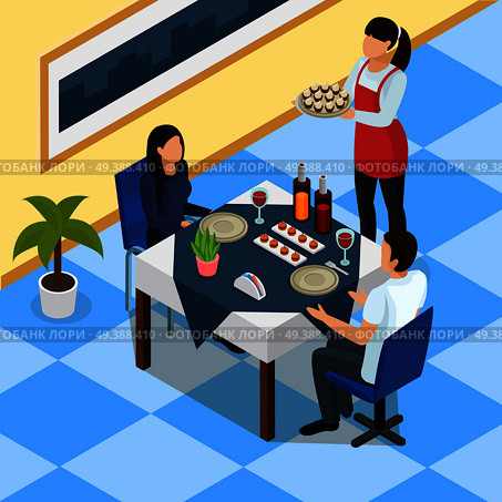 Catering isometric background with couple at restaurant table, waitress with snacks on tray vector illustration. Catering Isometric Background. Стоковая иллюстрация, агентство Ingram Publishing / Фотобанк Лори